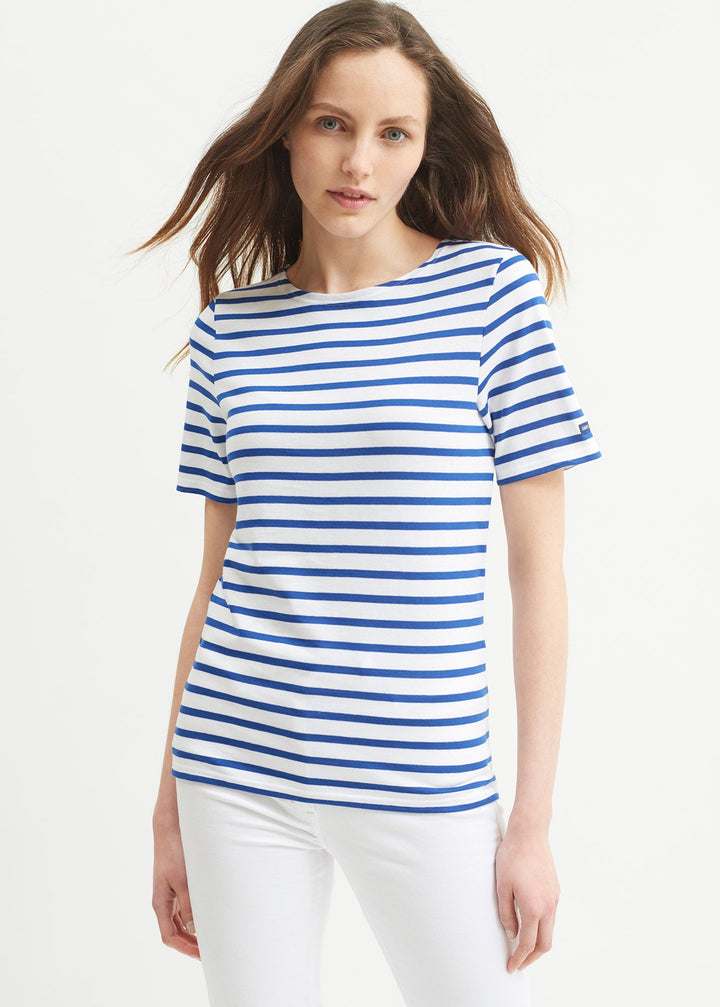 LEVANT MODERN - Breton Stripe Short Sleeve Shirt | Soft Cotton | Unisex Fit (WHITE / ROYAL BLUE)
