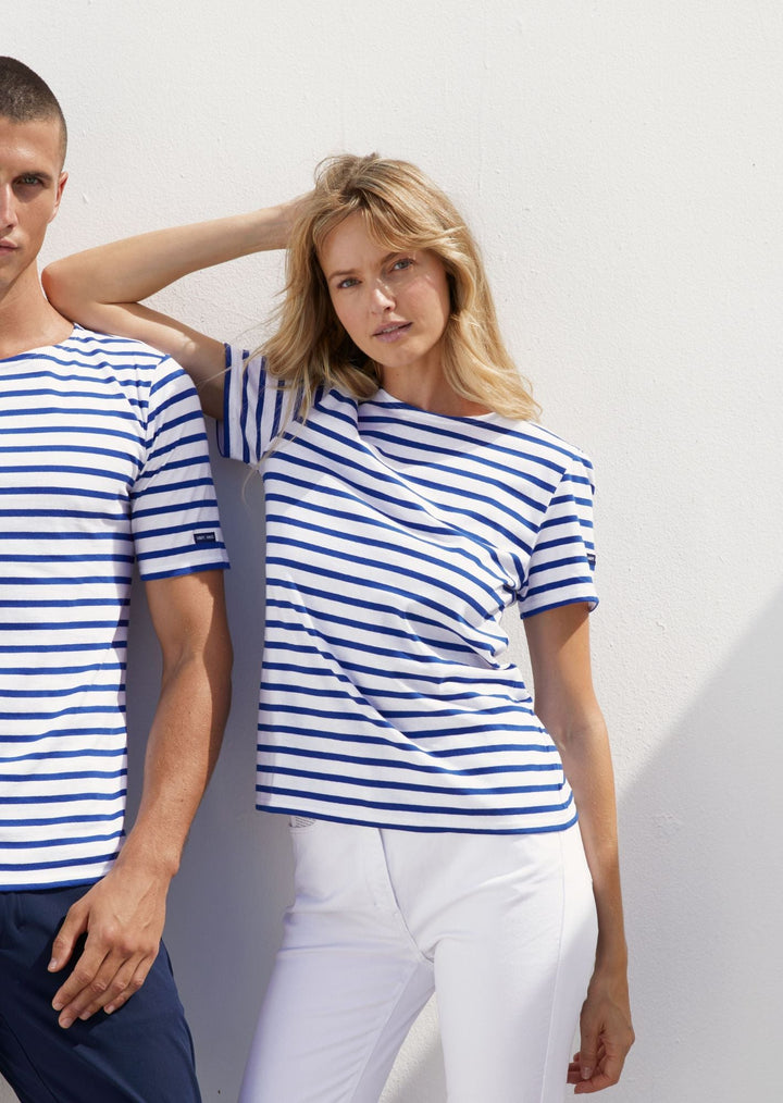 LEVANT MODERN - Breton Stripe Short Sleeve Shirt | Soft Cotton | Unisex Fit (WHITE / ROYAL BLUE)