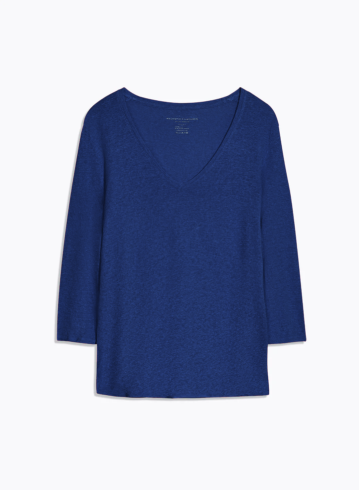 3/4 Sleeves V-Neck Shirt - Blue