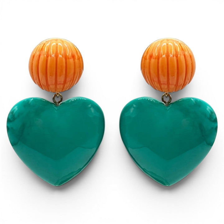 Amour Carved Coral Resin With Jade Resin Heart Drop Earrings