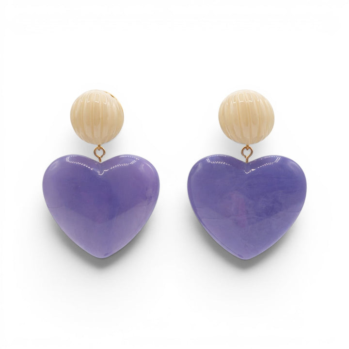 Amour Carved Mother Of Pearl Resin With Lavender Heart Drop Pierced Earrings
