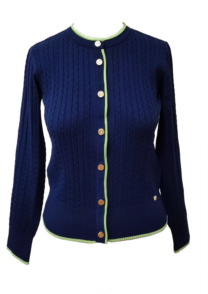 Kristin Cable-Knit Cardigan, Navy / Lime