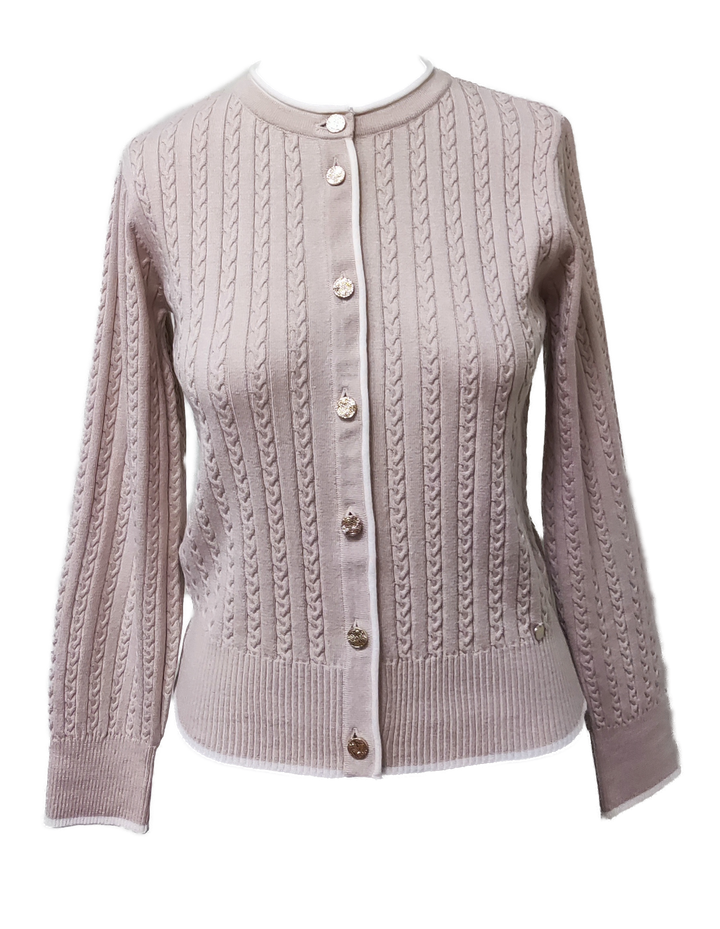 Kristin Cable-Knit Cardigan, Beige Melange / Winter White