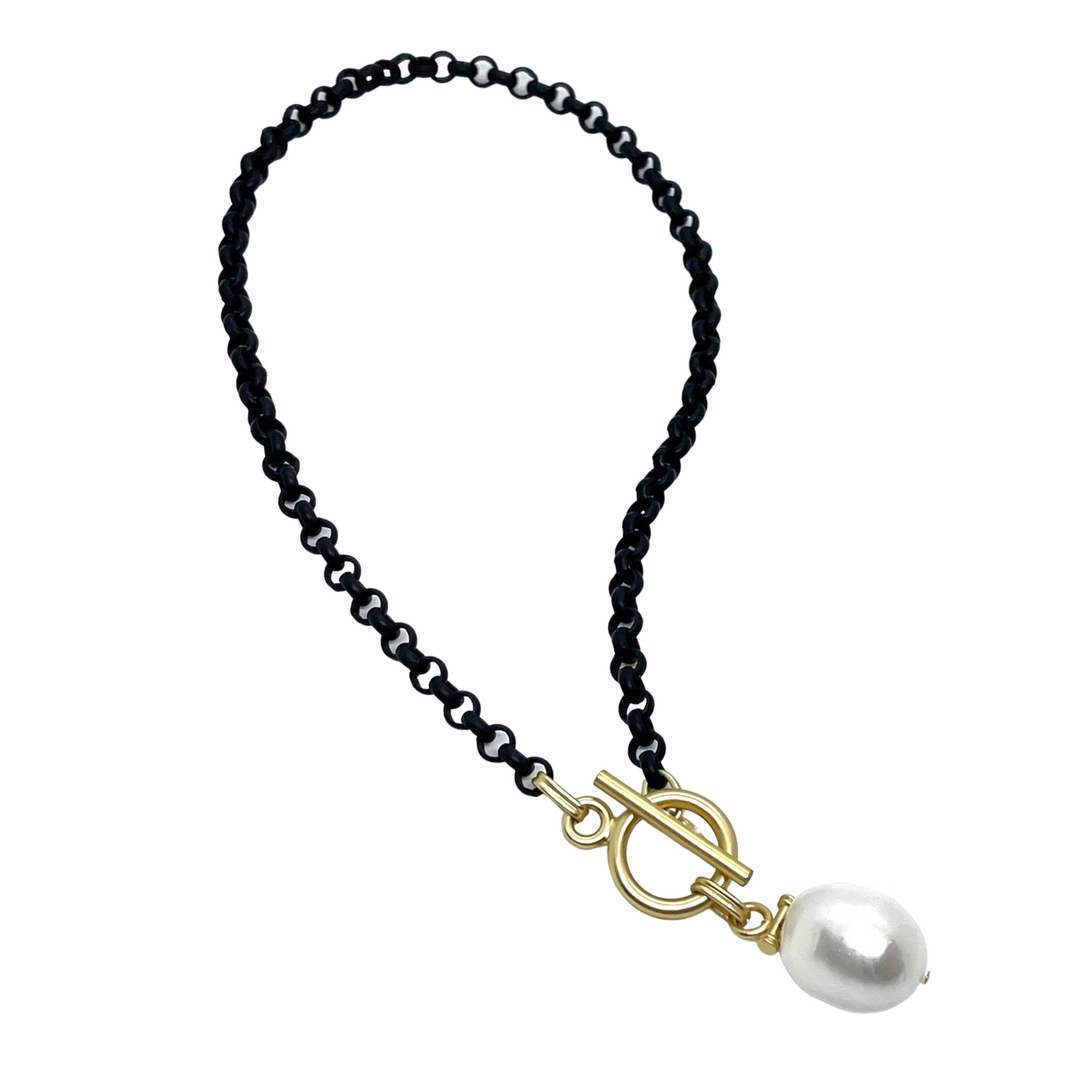 Matte Black Rolo Chain Necklace with Cotton Pearl Pendant