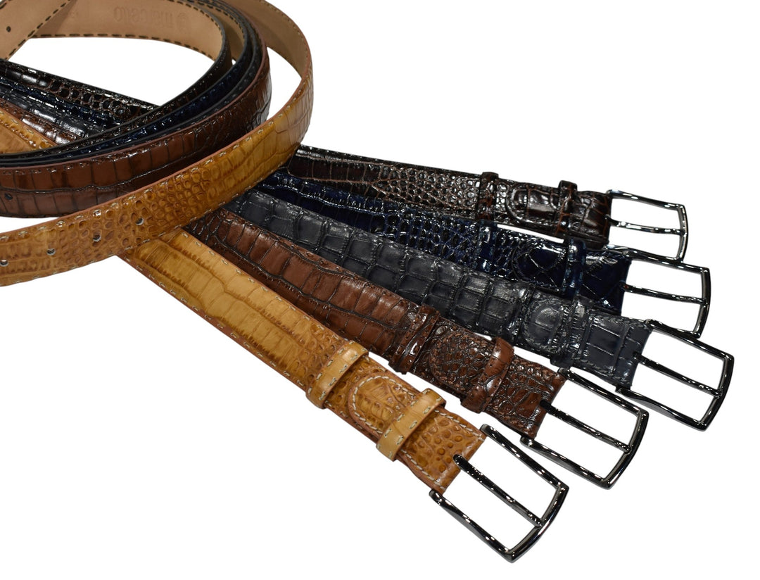 Marcello leather croc stamped belts in colors.
