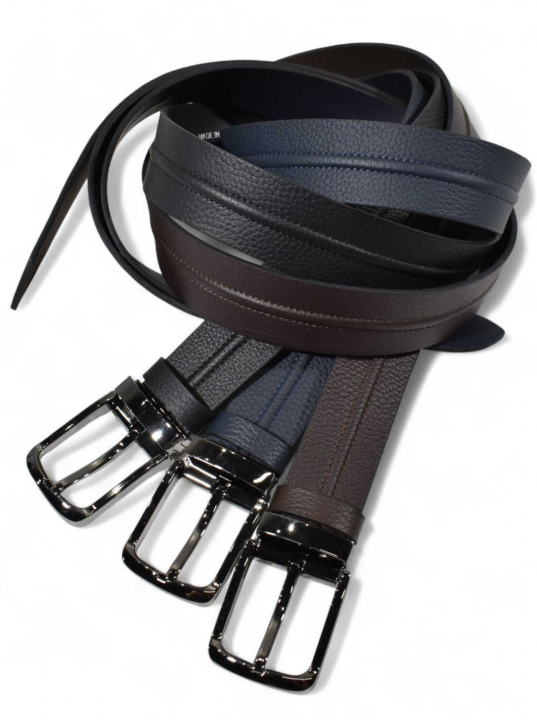 Leather pebble grain belt in black, chocolate and navy, by Marcello.