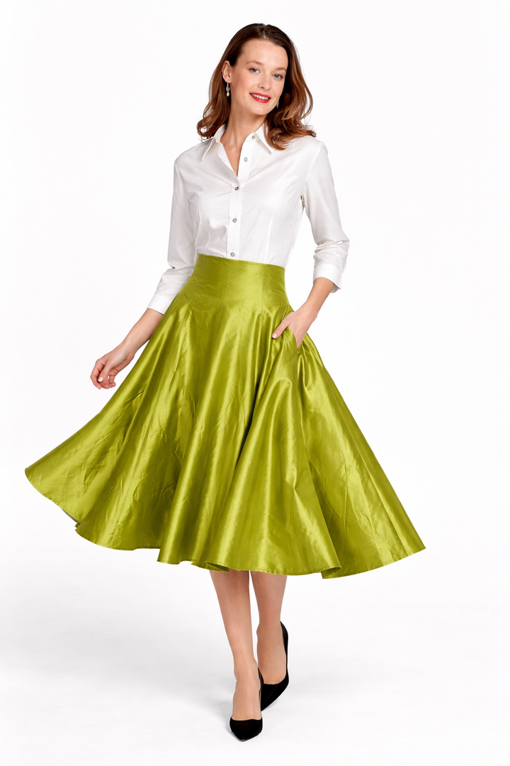 Mid-Calf Skirt Green Silk