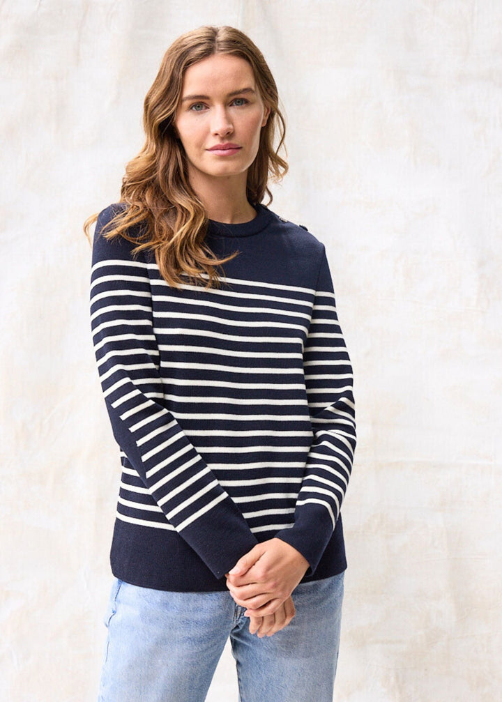 BREGANCON - Breton Striped Sweater with Jacquard Elbow Patch for Women (NAVY / IVORY)