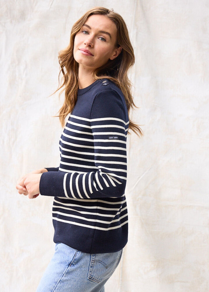 BREGANCON - Breton Striped Sweater with Jacquard Elbow Patch for Women (NAVY / IVORY)