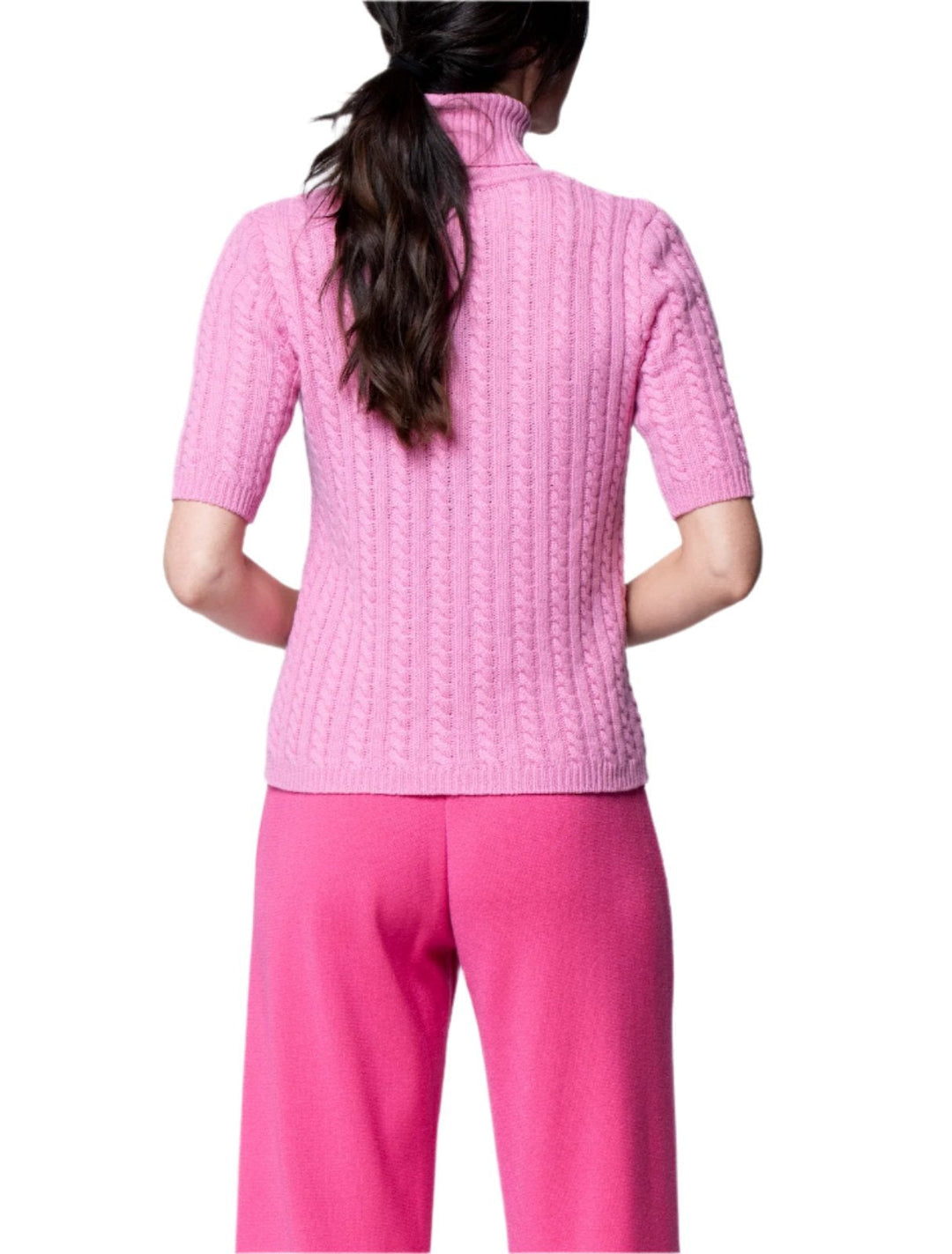 Lilly Short Sleeved Cable-Knit Turtleneck, Soft Pink