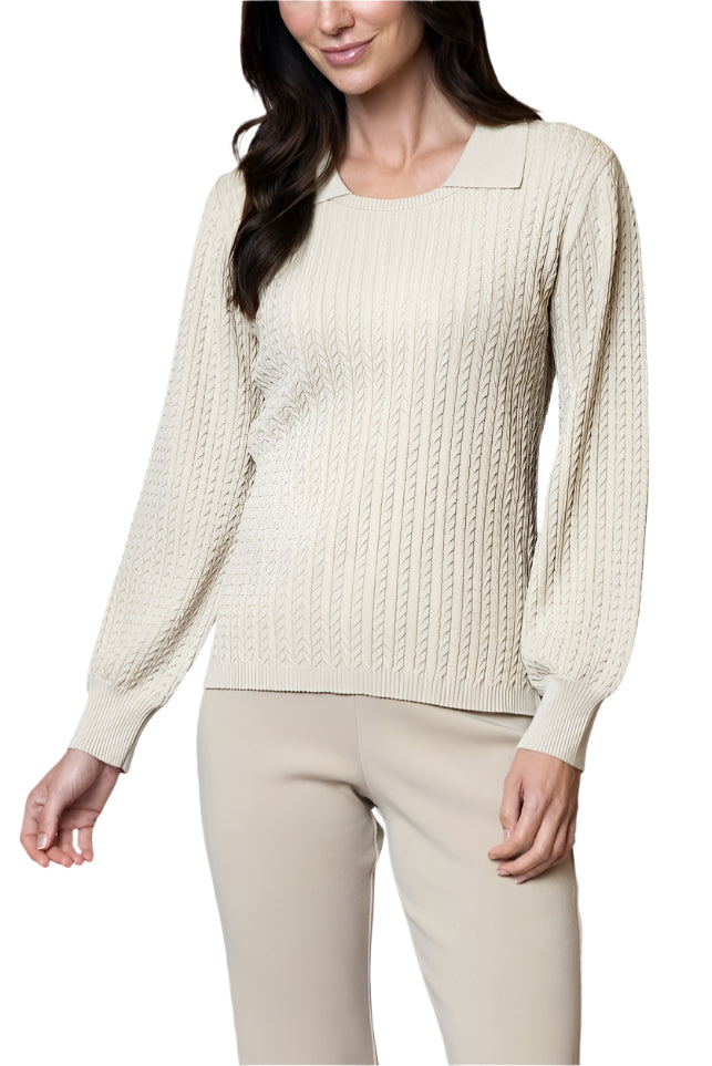 Hope Long Sleeved Crew-Neck Cable-Knit Top, Warm Beige