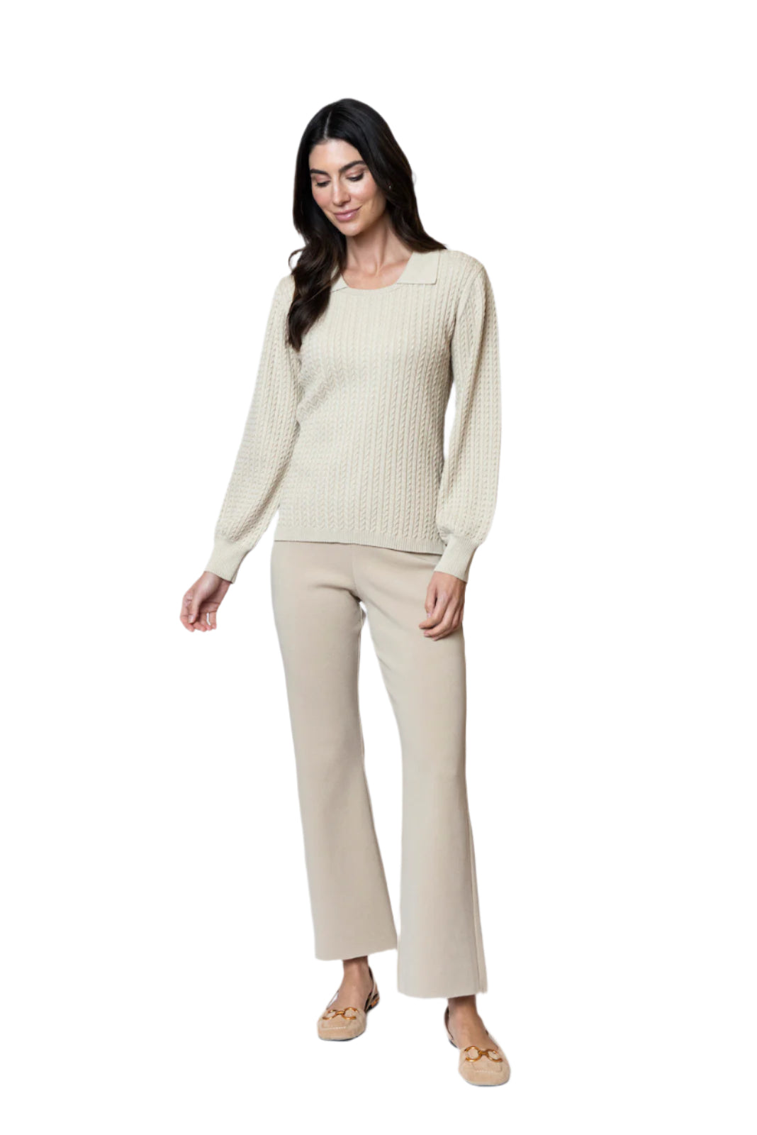 Hope Long Sleeved Crew-Neck Cable-Knit Top, Warm Beige