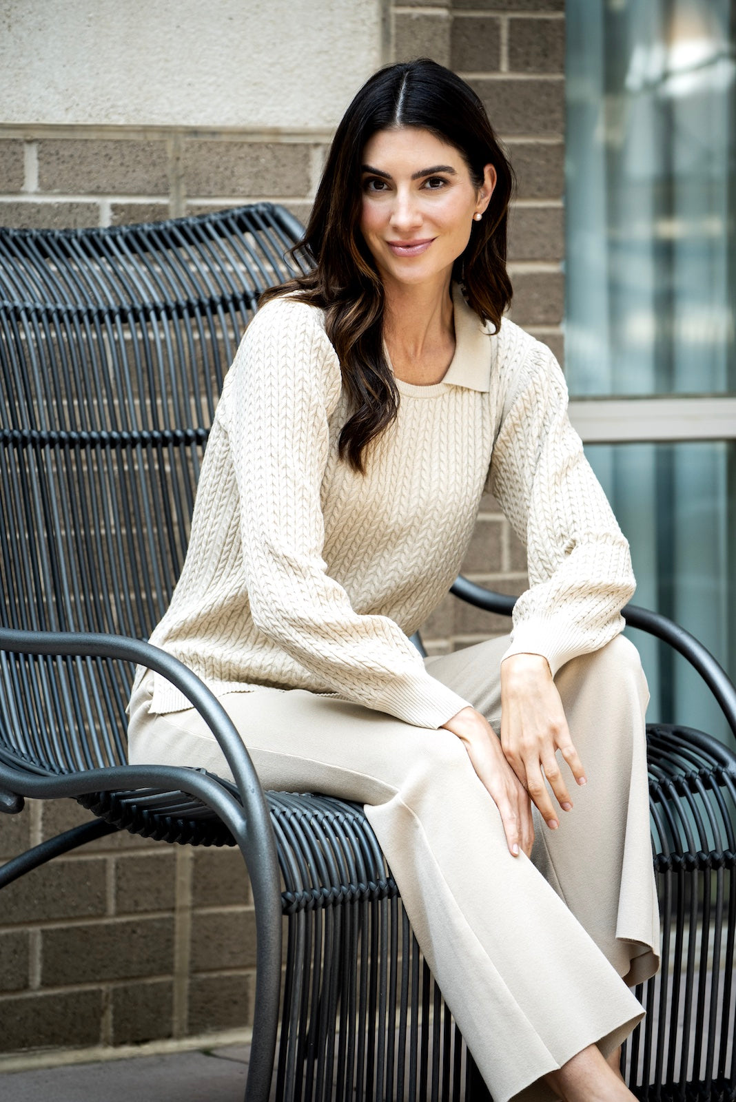 Hope Long Sleeved Crew-Neck Cable-Knit Top, Warm Beige