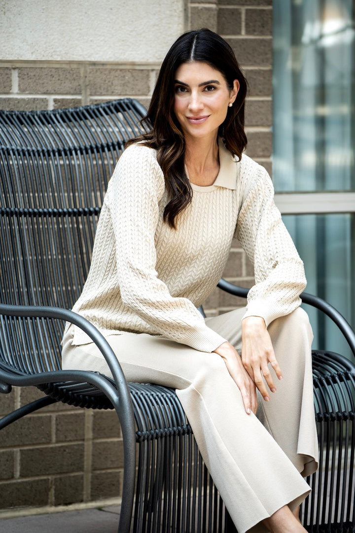 Hope Long Sleeved Crew-Neck Cable-Knit Top, Warm Beige