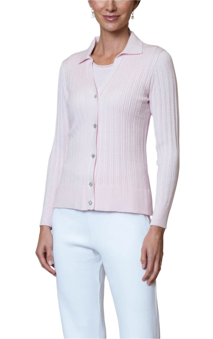 Macy Lace-Cable-Knit Cardigan, Pink Petal