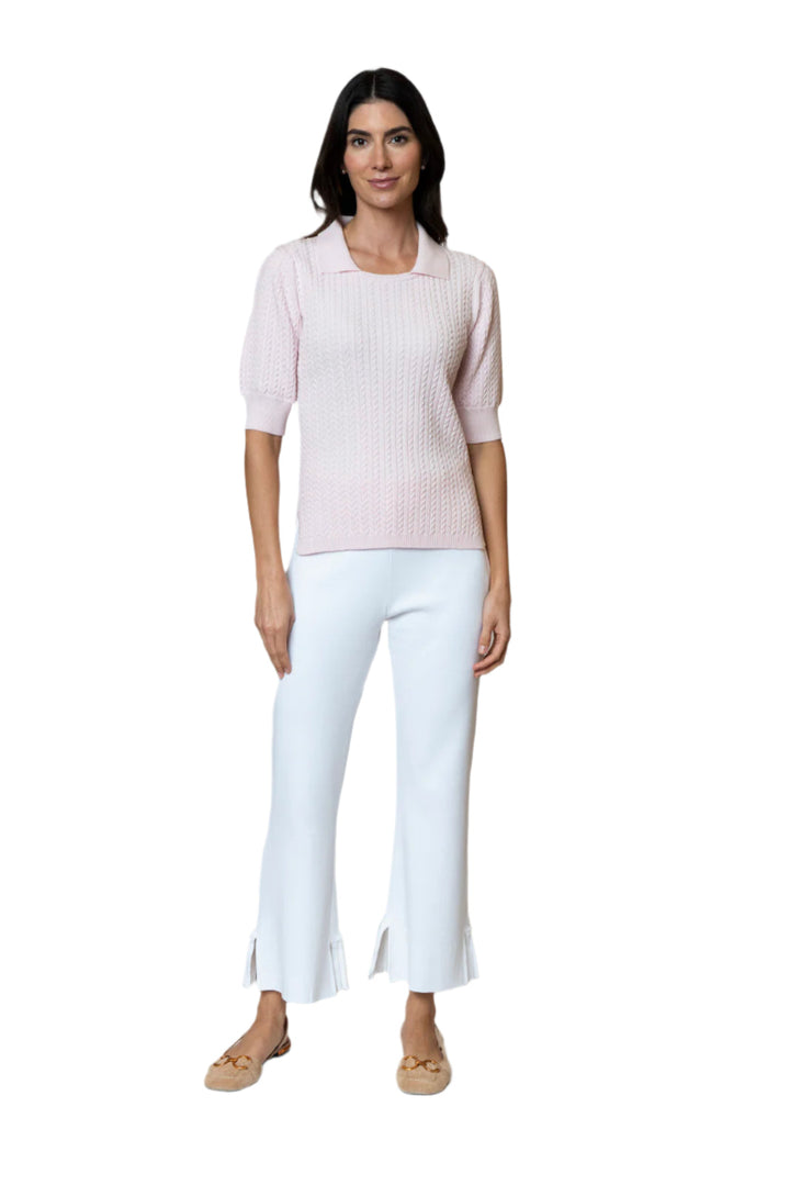 Holly Short Sleeved Crew-Neck Cable-Knit Top, Pink Petal