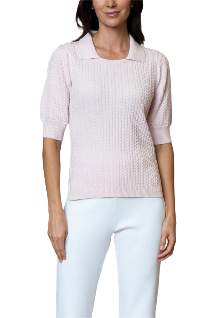 Holly Short Sleeved Crew-Neck Cable-Knit Top, Pink Petal