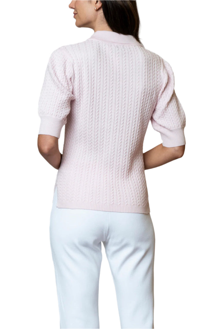 Holly Short Sleeved Crew-Neck Cable-Knit Top, Pink Petal