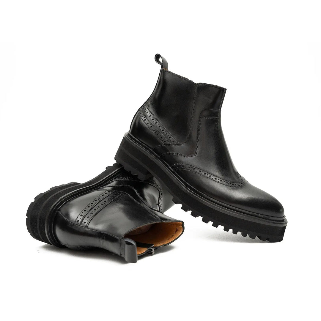 Black Brogue Leather Chelsea Boots