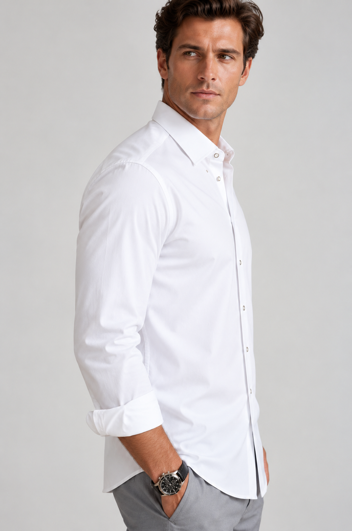 Single Shot Button Front Long Sleeve Shirt - White