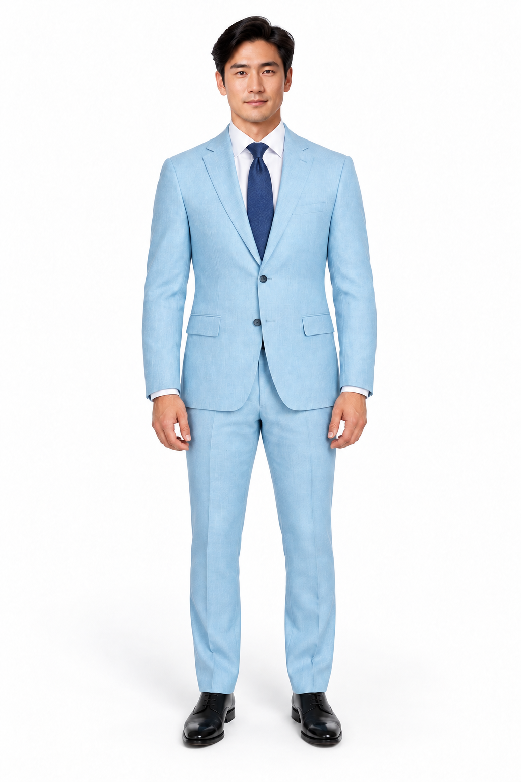 Button Vested No Pleat Suit -Light Blue