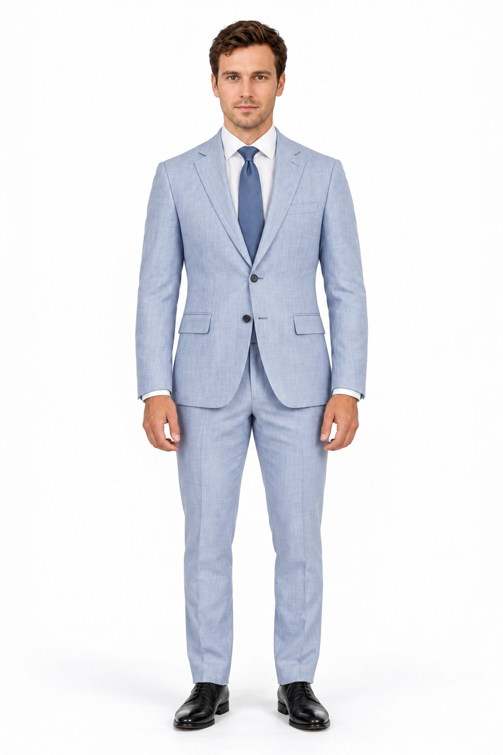 Button Vested No Pleat Suit - Light Blue