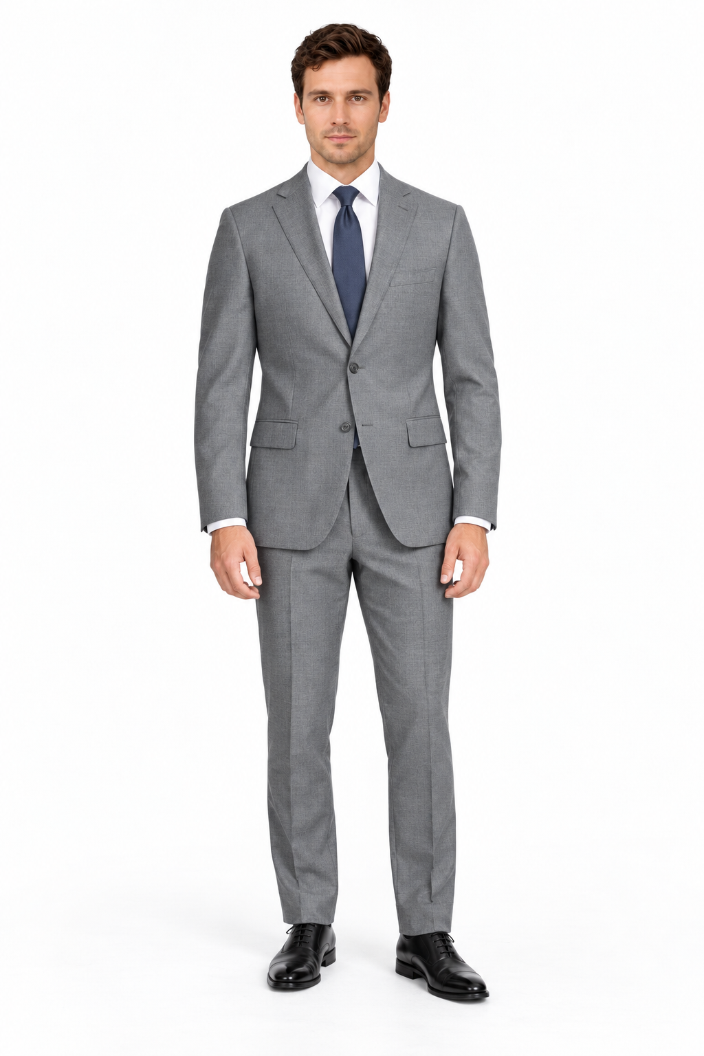 Button Vested No Pleat Suit - Med Grey