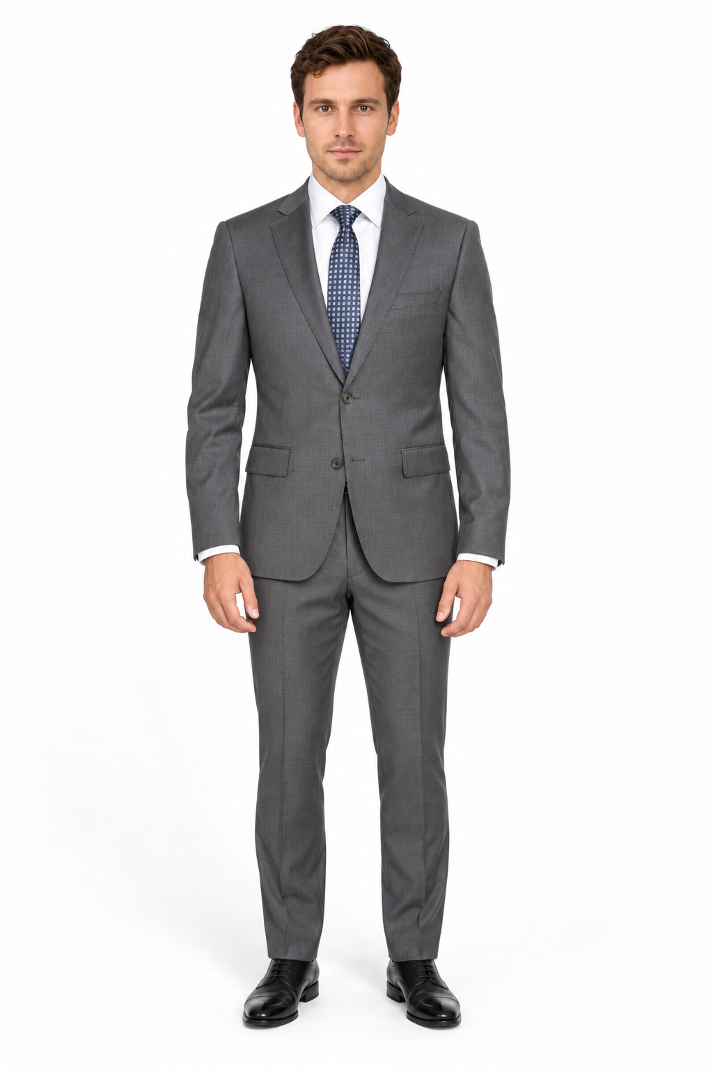 Button Vested No Pleat Suit - Med Grey