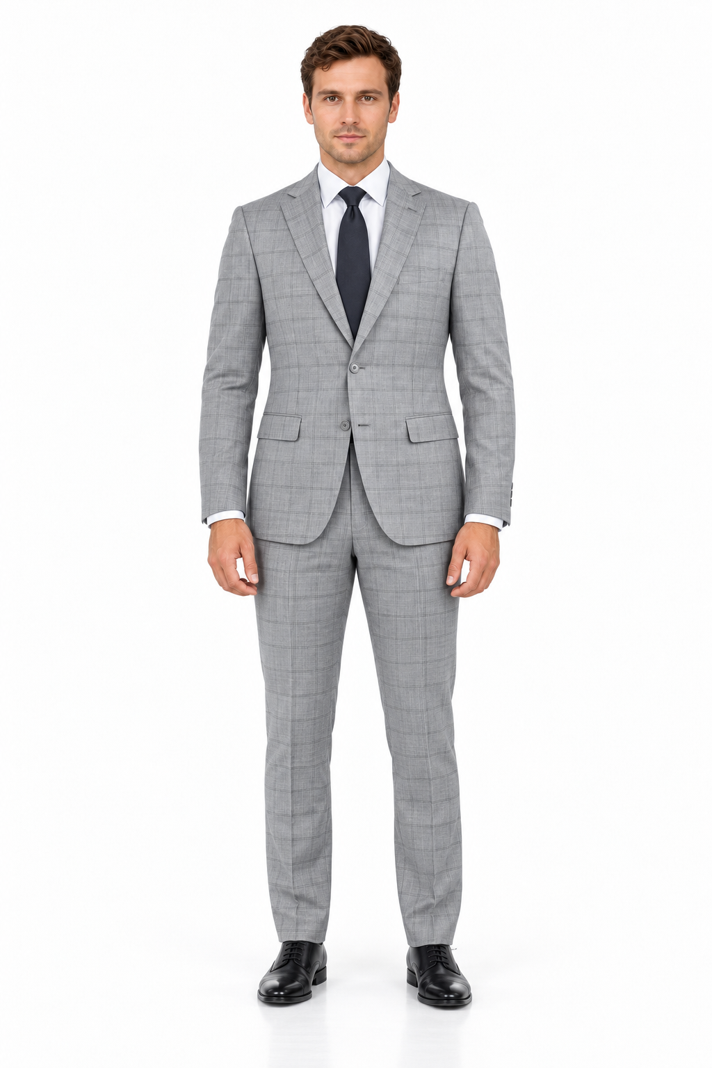 Button Vested No Pleat Suit - Med Grey Windowpane
