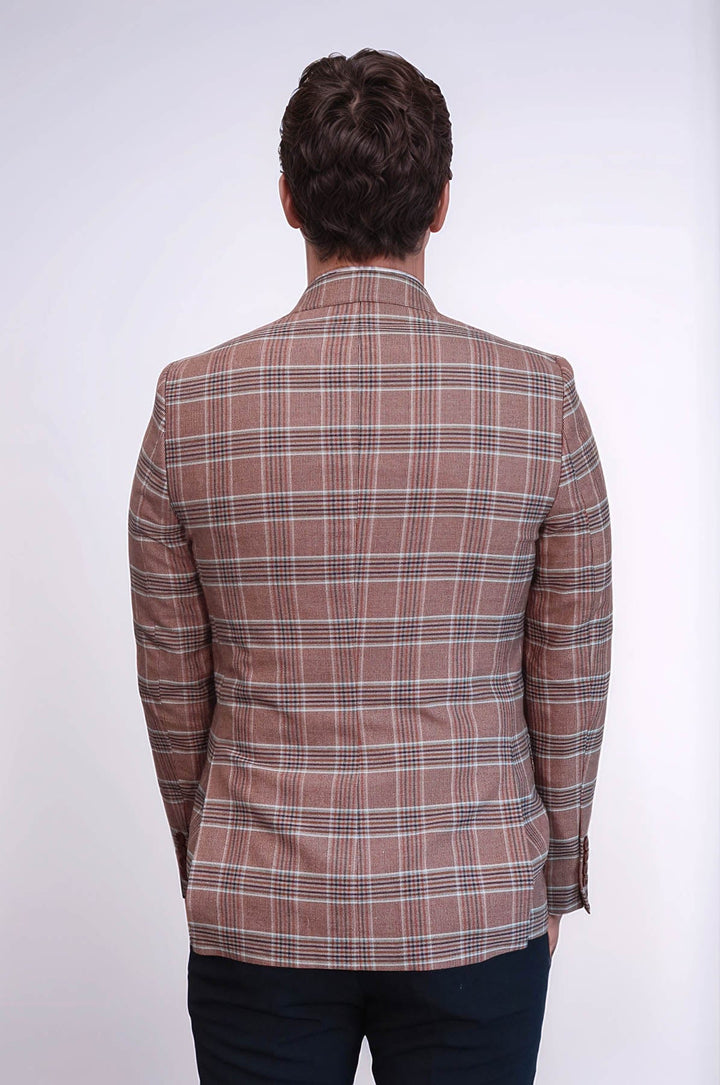 Checked Single Button Burgundy Men Blazer - Wessi