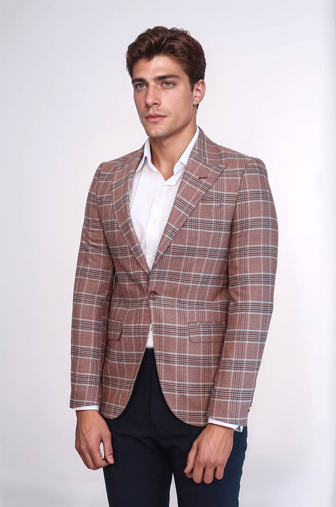 Checked Single Button Burgundy Men Blazer - Wessi