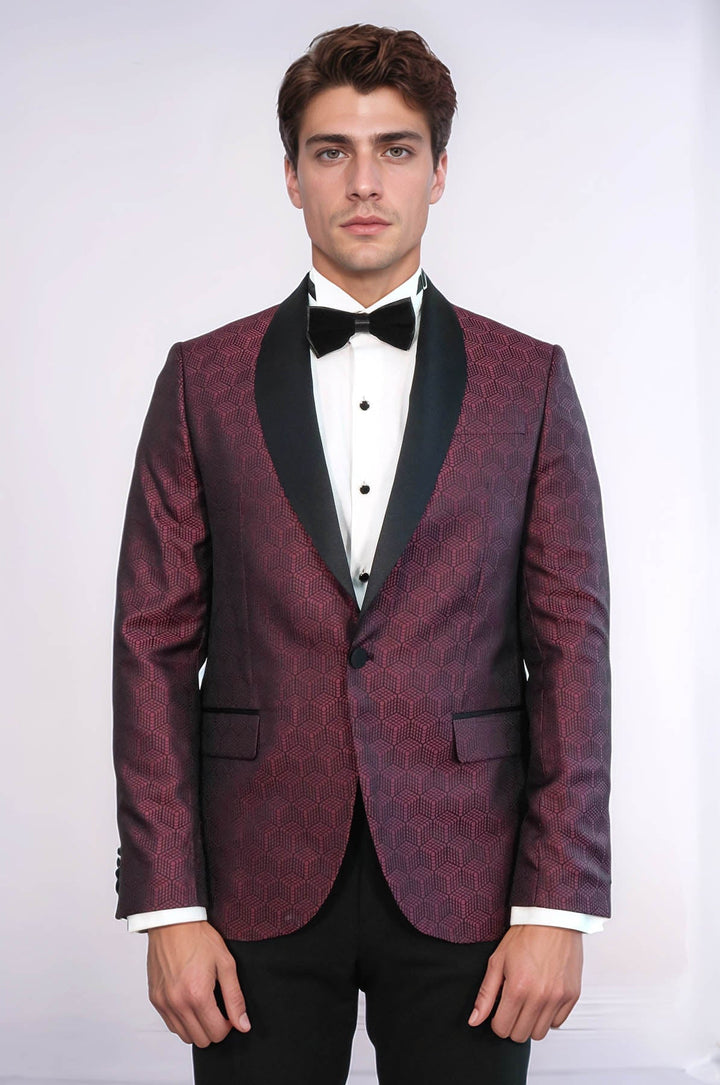 Pentagon Patterned Shawl Lapel Burgundy Men Dinner Jacket - Wessi