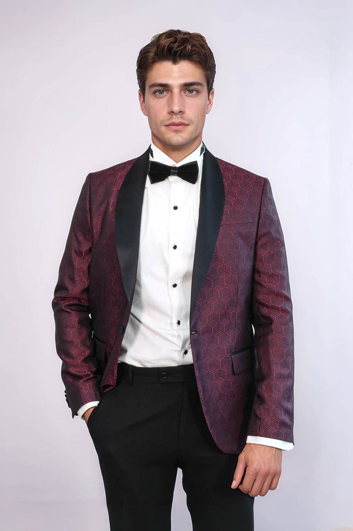 Pentagon Patterned Shawl Lapel Burgundy Men Dinner Jacket - Wessi