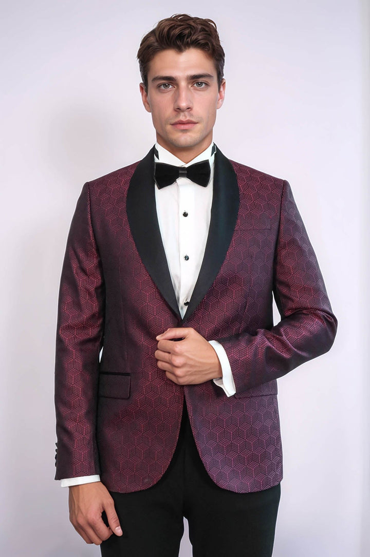 Pentagon Patterned Shawl Lapel Burgundy Men Dinner Jacket - Wessi