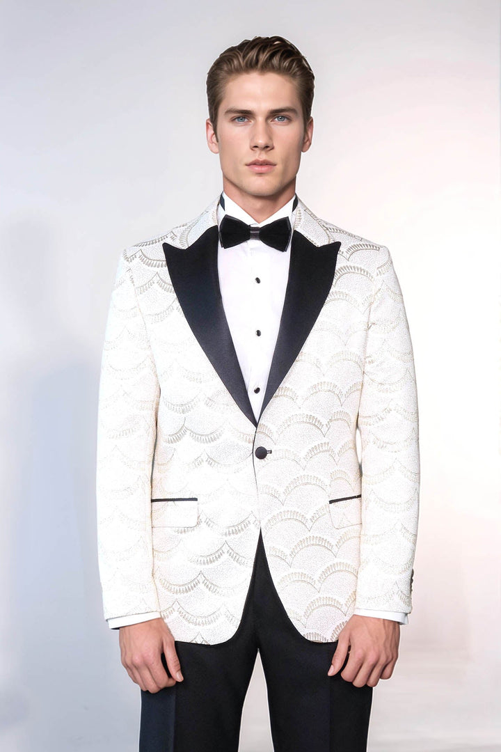 Patterned Slim Fit White Men Dinner Jacket - Wessi
