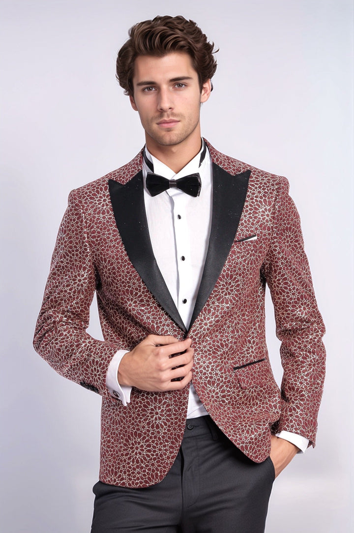 Flower Embroidered Pattern Burgundy Men Tuxedo Blazer - Wessi