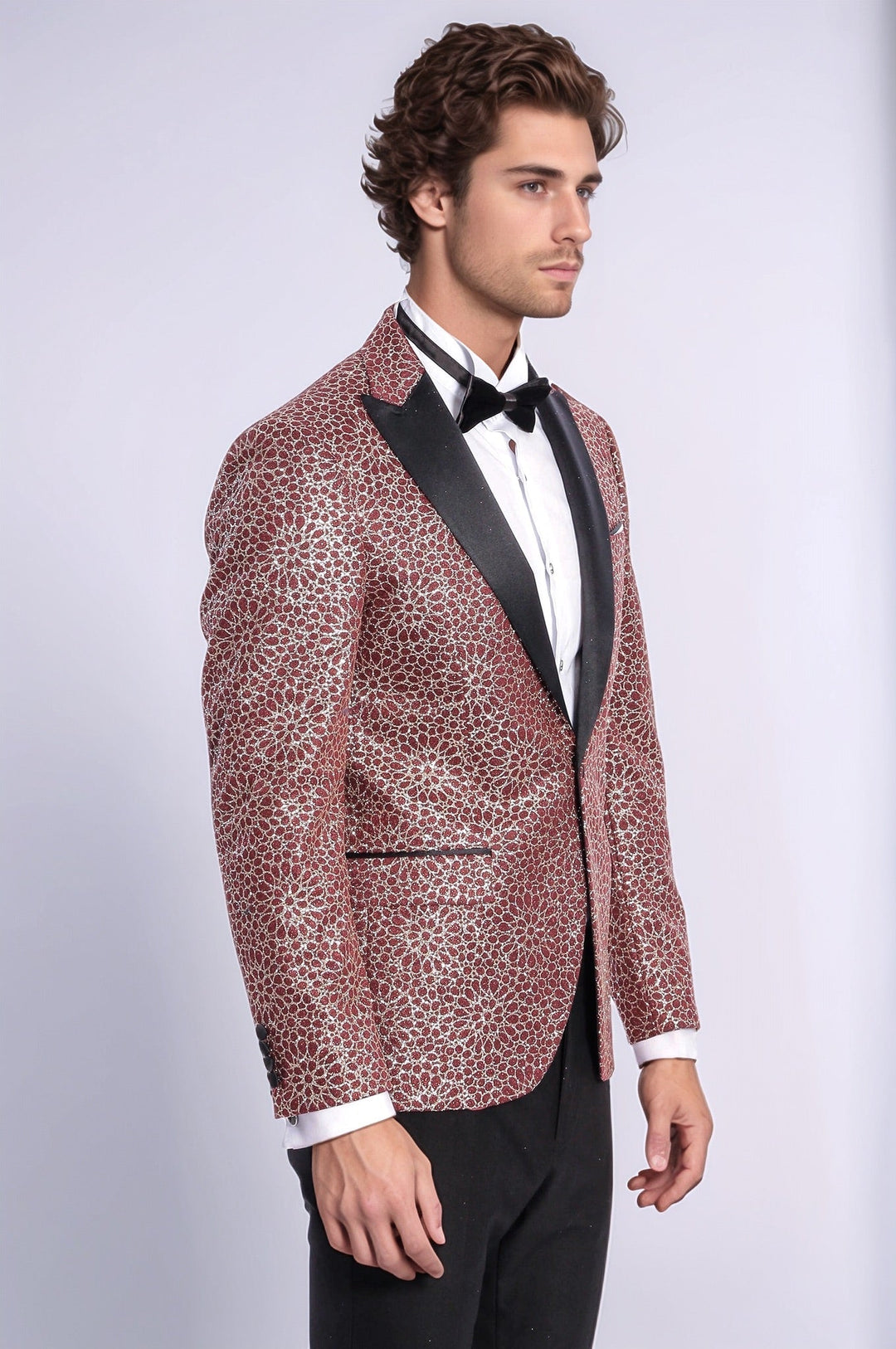 Flower Embroidered Pattern Burgundy Men Tuxedo Blazer - Wessi