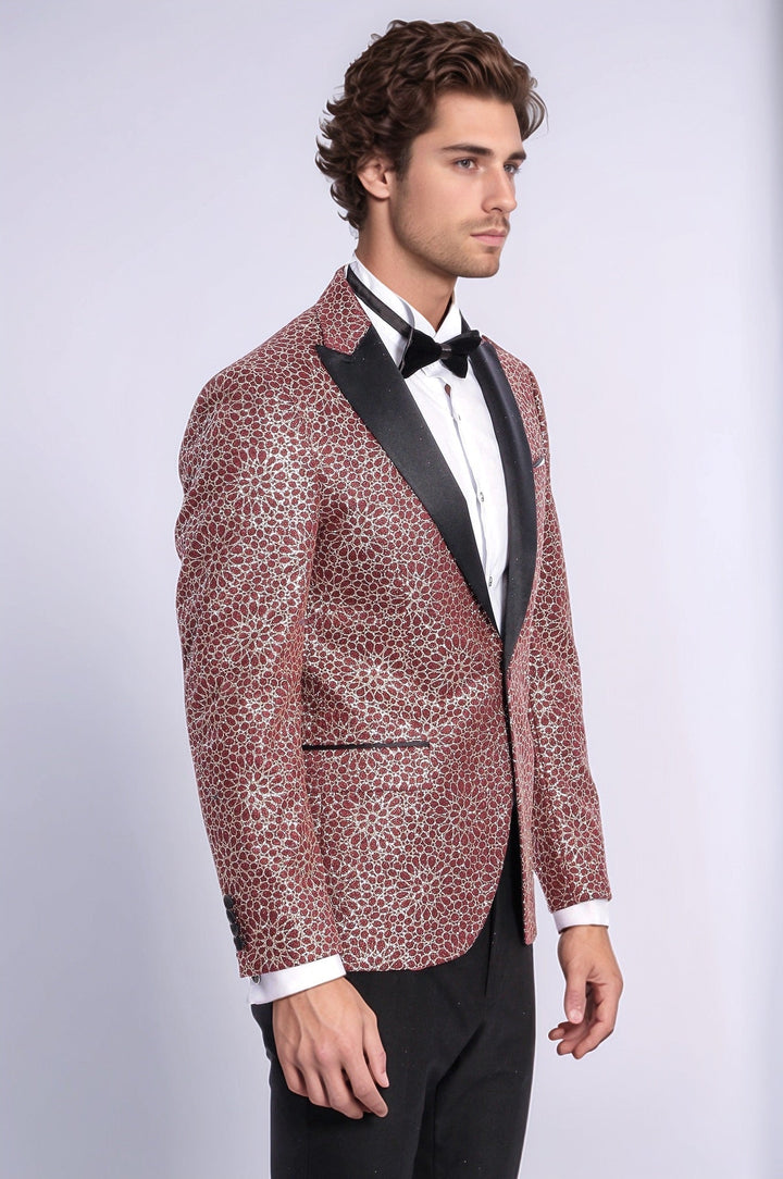 Flower Embroidered Pattern Burgundy Men Tuxedo Blazer - Wessi