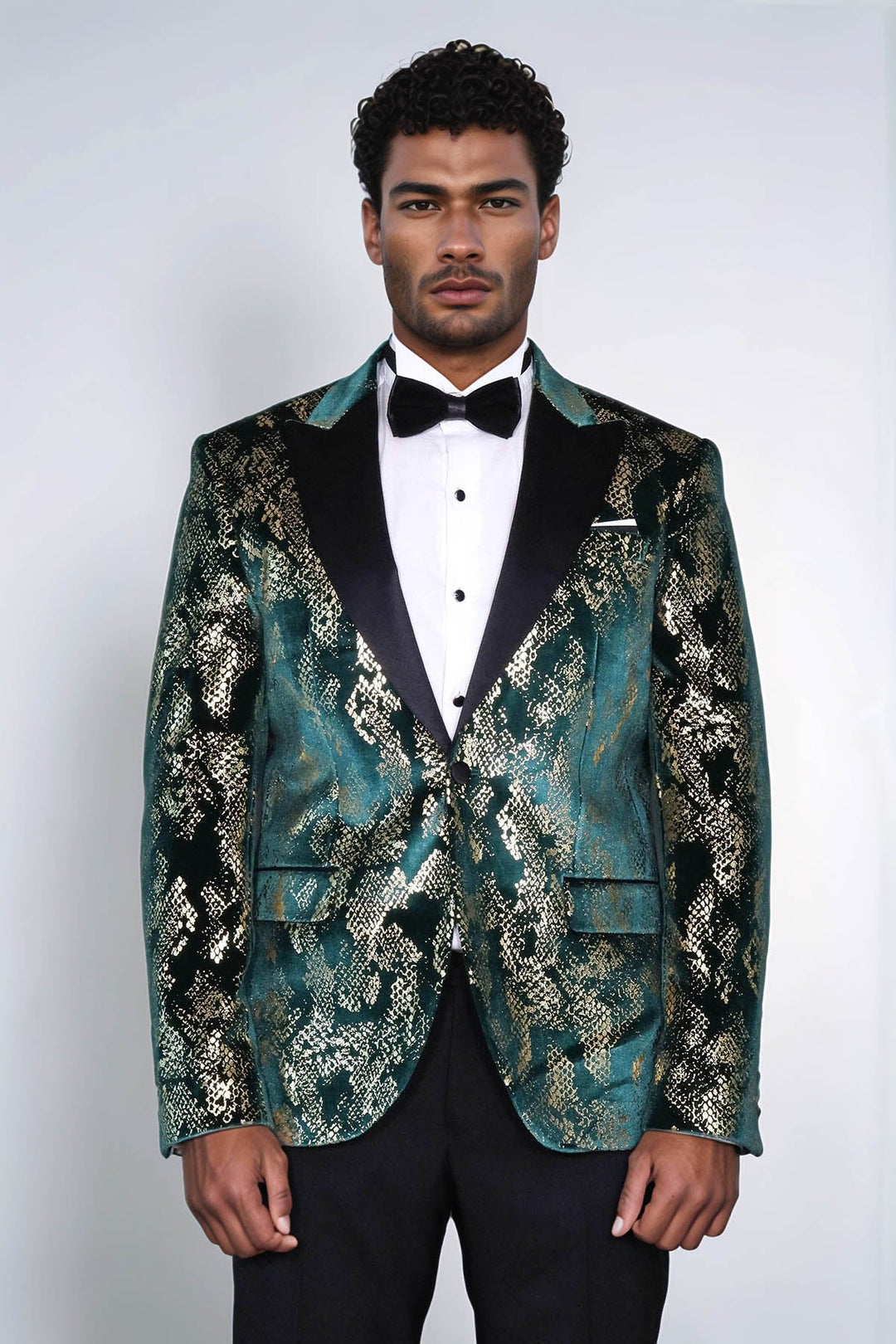 Peak Lapel Slim Fit Gold Patterned Green Men Prom Party Blazer