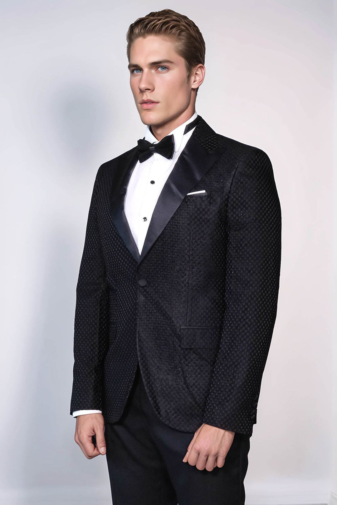 Satin Peak Lapel Textured Men's Royal Black Tuxedo Jacket - Wessi