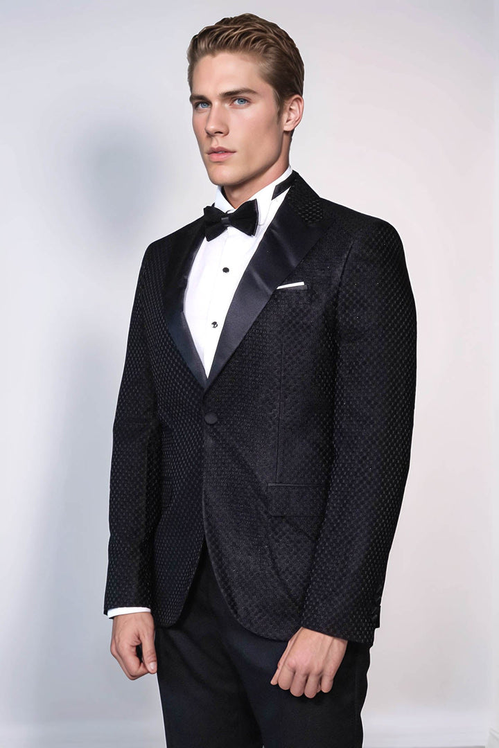 Satin Peak Lapel Textured Men's Royal Black Tuxedo Jacket - Wessi