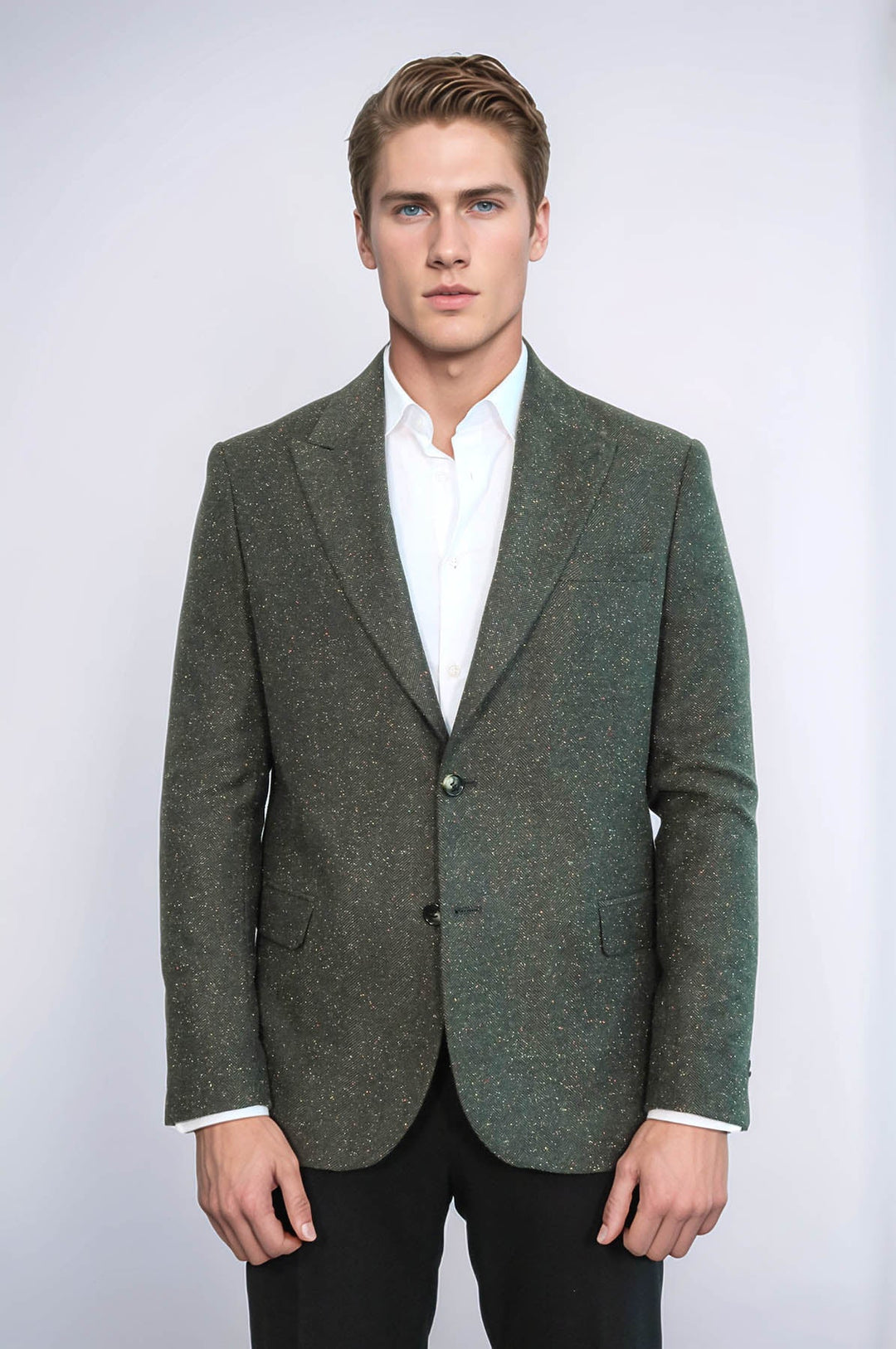 Houndstooth Pattern Wool Green Men Blazer - Wessi
