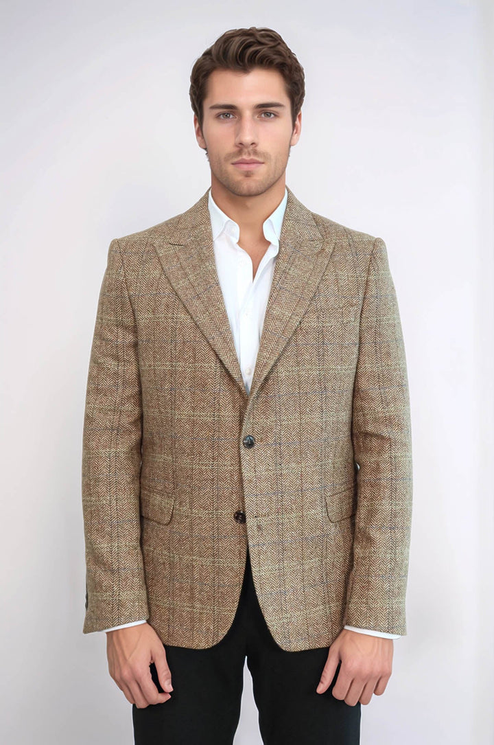 Herringbone Slim Fit Wool Tan Men Blazer - Wessi