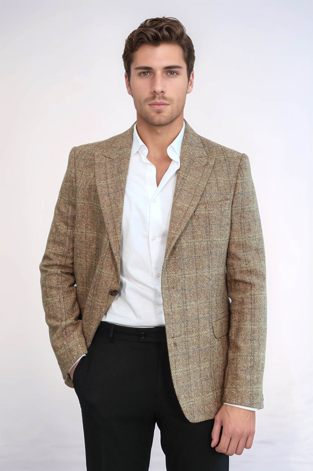 Herringbone Slim Fit Wool Tan Men Blazer - Wessi