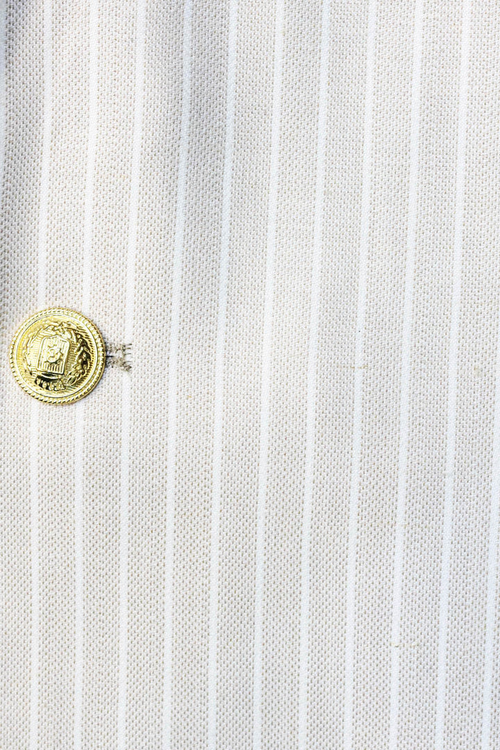 Cream Striped Linen Gold Metal Button Slim Fit Men's Blazer Jacket - Wessi