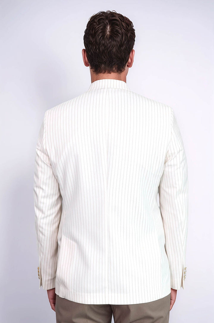 Ecru Striped Linen Gold Metal Button Slim Fit Men's Blazer Jacket - Wessi