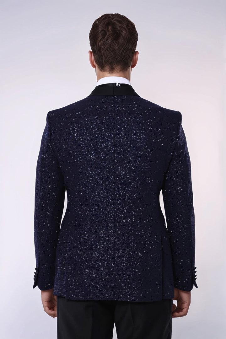 Shawl Lapel Navy Blue Men Sparkly Blazer - Wessi