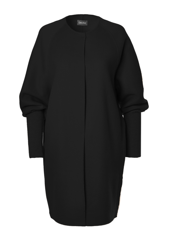 Wool Ribbed Cuff Sleeve Coat In Black