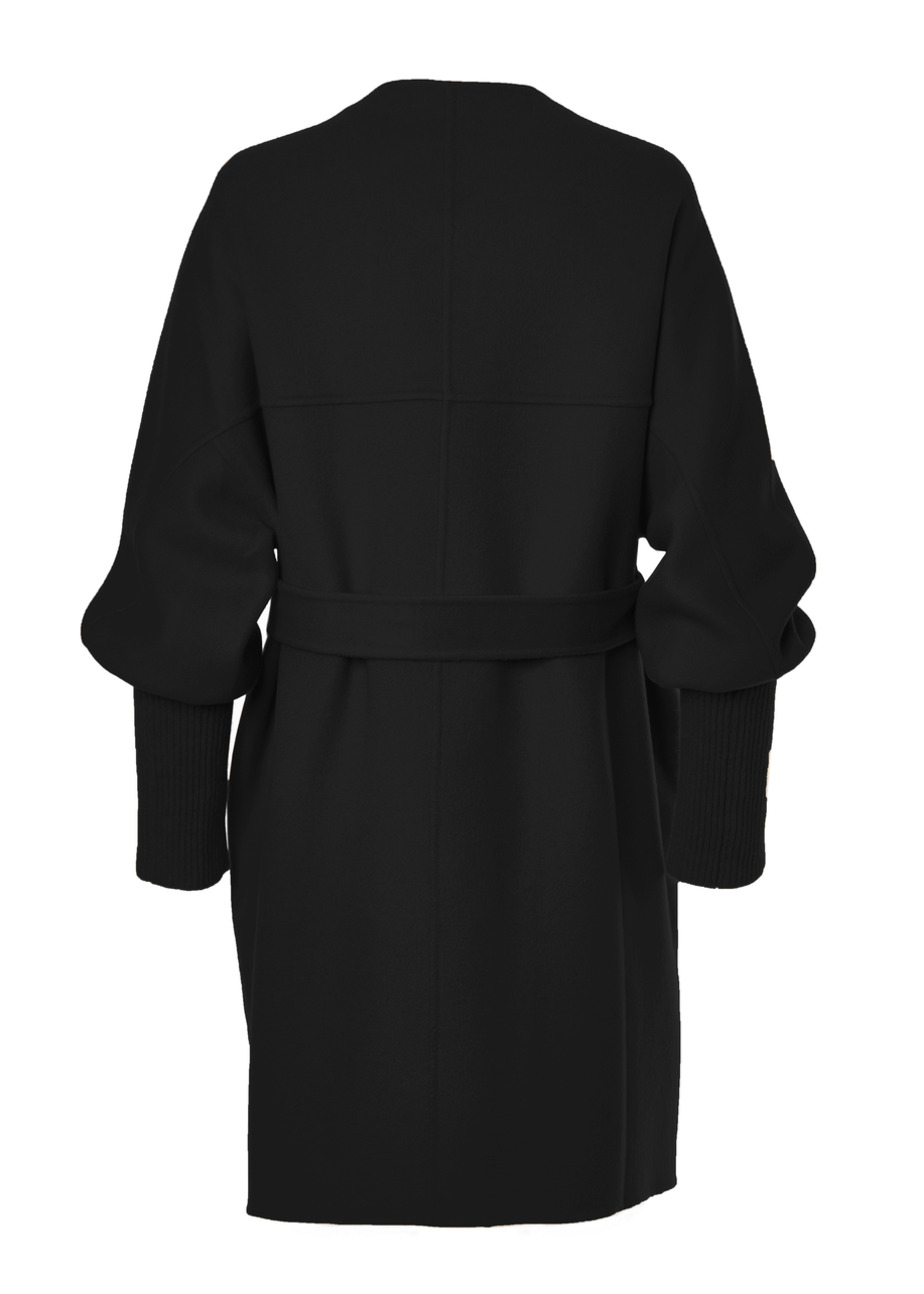 Wool Ribbed Cuff Sleeve Coat In Black