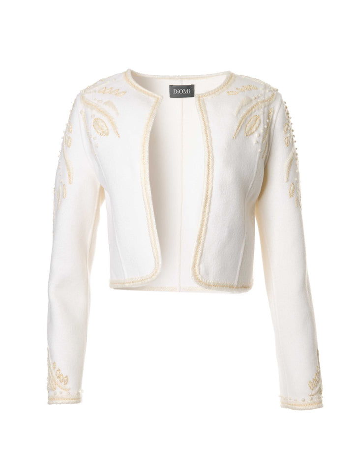 Embroidered Cropped Wool Jacket In Ivory